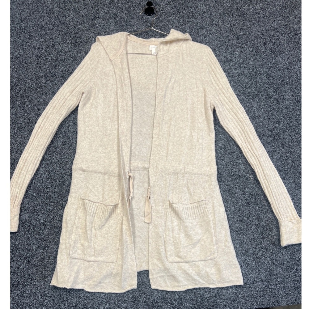 Caslon Cardigan Womens S Beige Hooded Merino Wool Blend Ribbed Pocket Sweater